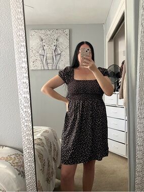 SO Black Pink Floral Square-Neck Shirred Smocked Mini Dress L Large